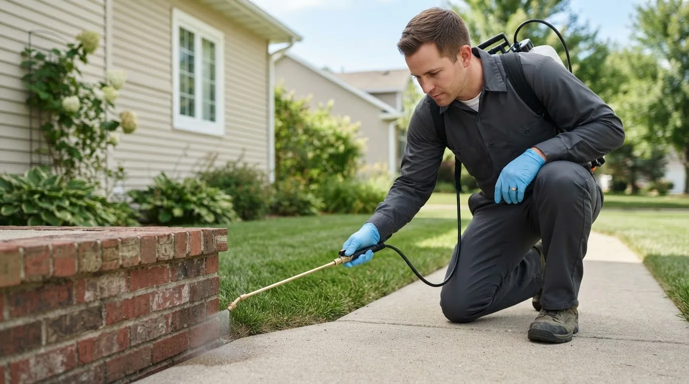 Pest control technician treating a home near Hartshorn, MO