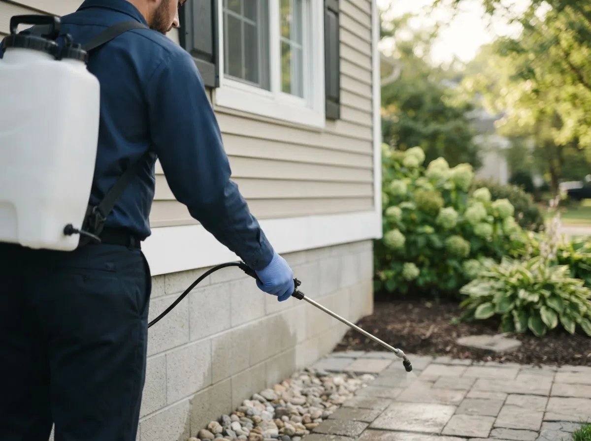Pest control technician inspecting a home in Hartshorn, MO